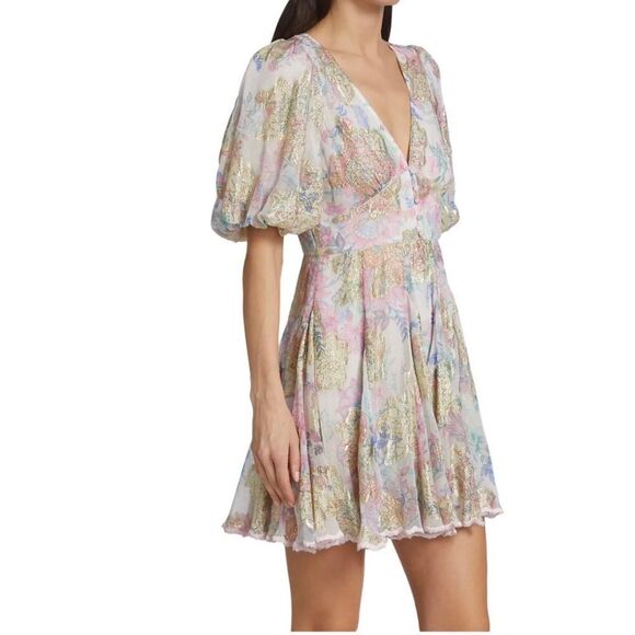 HEMANT & NANDITA Metallic Floral Puff-Sleeve Minidress size L - Picture 2 of 12